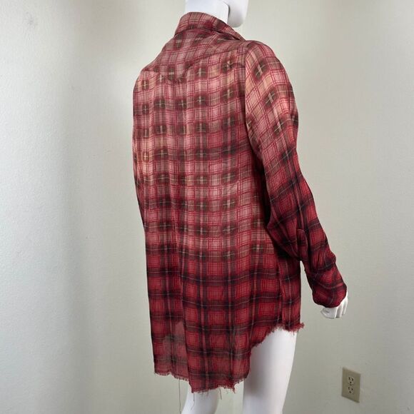 Free People Womens Size XS Red Festival Plaid Distressed Button Up High Low Top - Picture 13 of 14